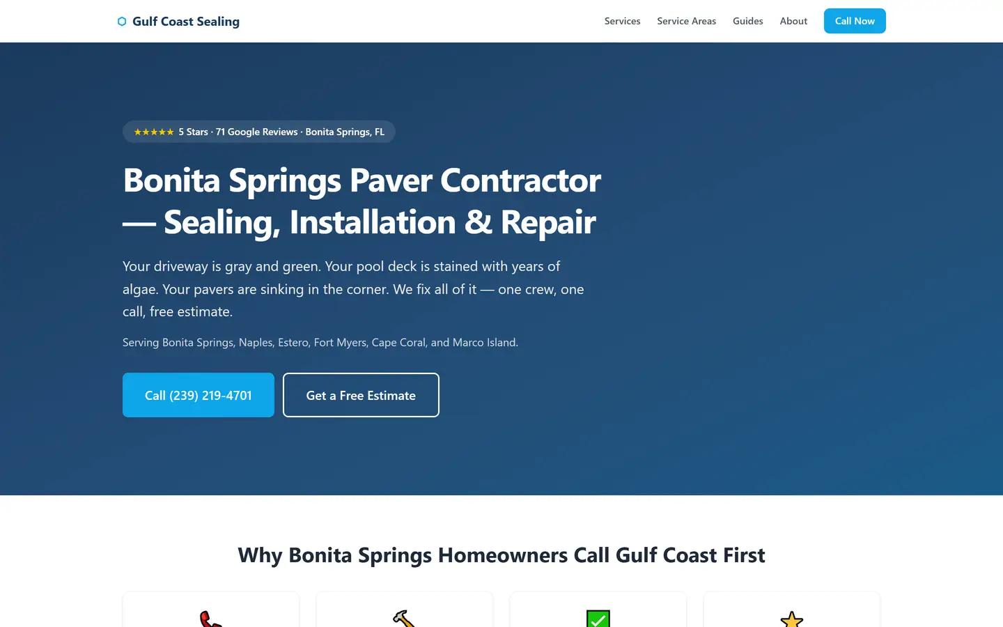 Gulf Coast Sealing's website homepage, an example of a local SEO website Data Chasing builds for home service contractors
